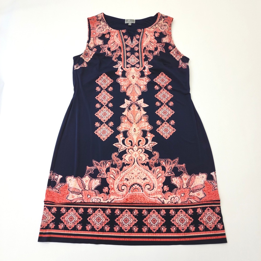 JM Collection Navy Coral Paisley Sleeveless Rhinestone Split Neck Dress‎ XL